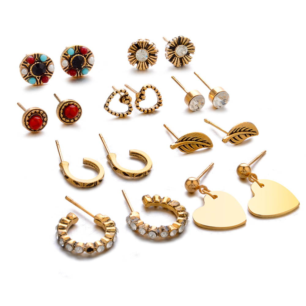 9-PIECE Set with Diamond Leaf Heart-Shaped Earring for Women'S Fashion