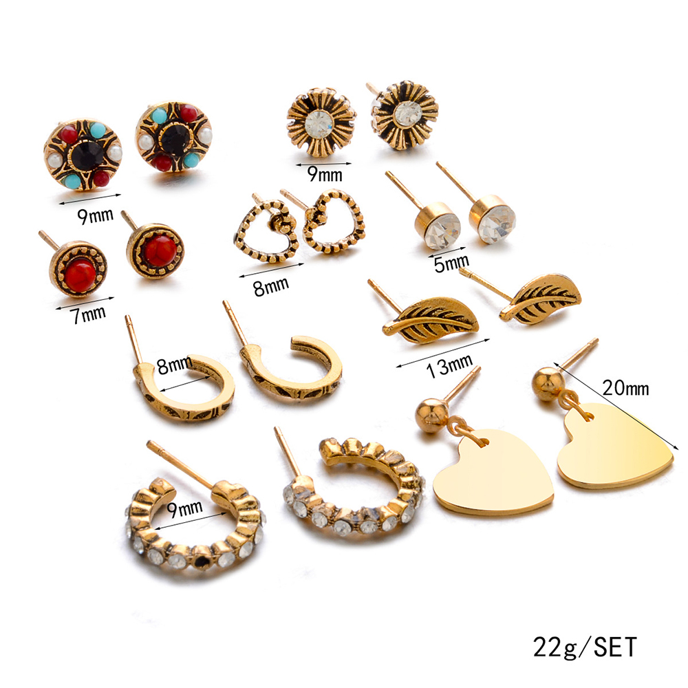 9-PIECE Set with Diamond Leaf Heart-Shaped Earring for Women'S Fashion