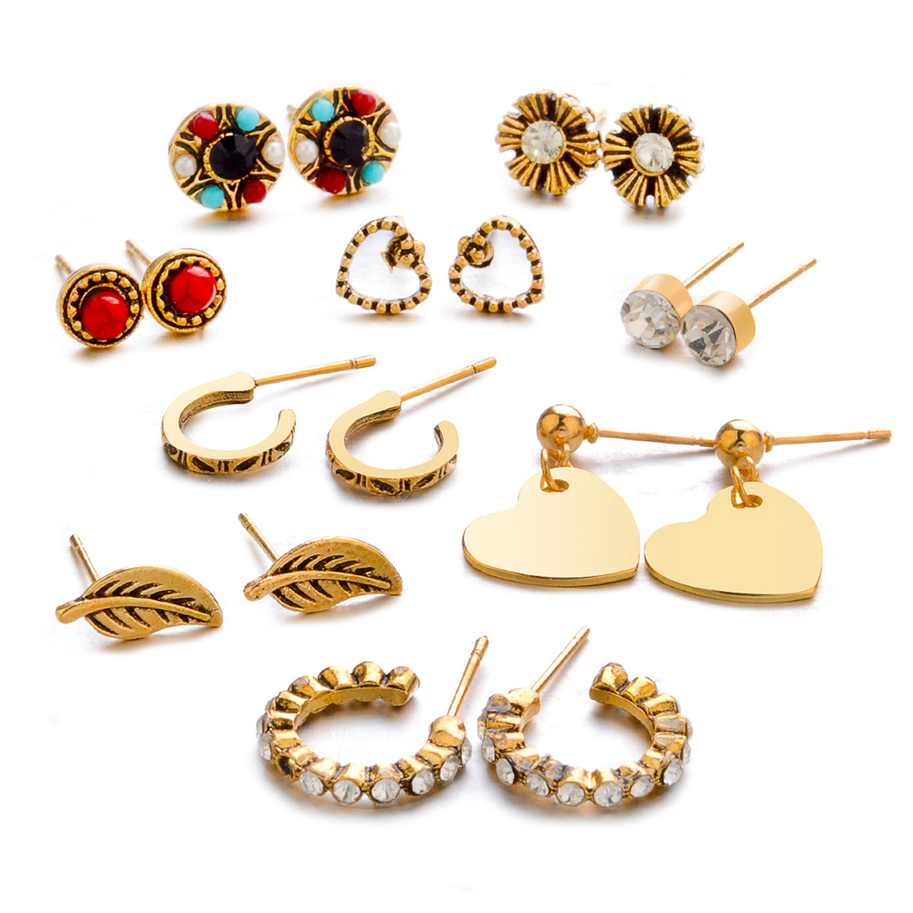 9-PIECE Set with Diamond Leaf Heart-Shaped Earring for Women'S Fashion