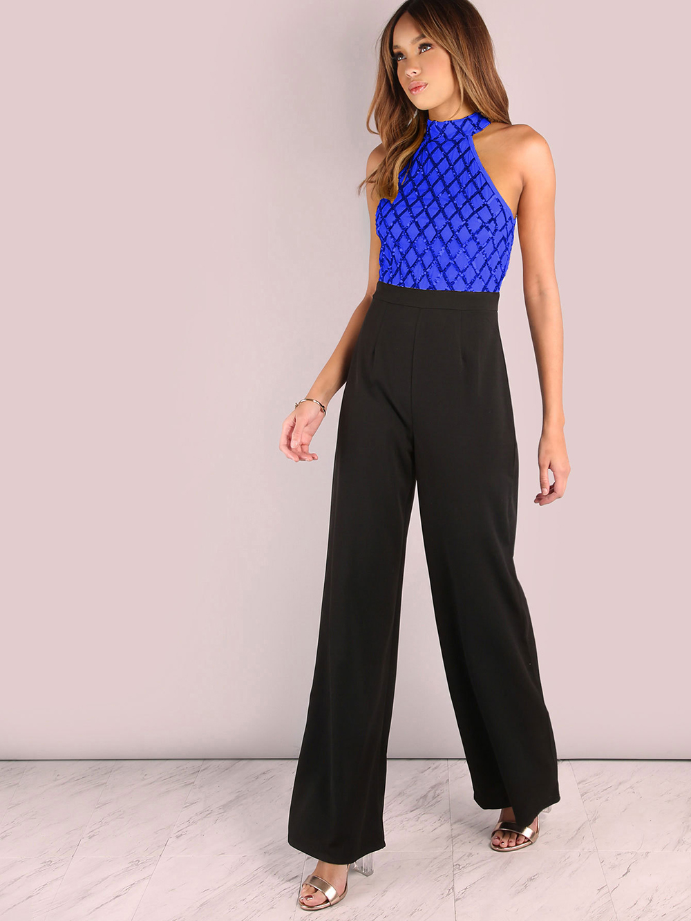 Sexy Sequined Stitching Sleeveless Slim Jumpsuit Long Flared Pants