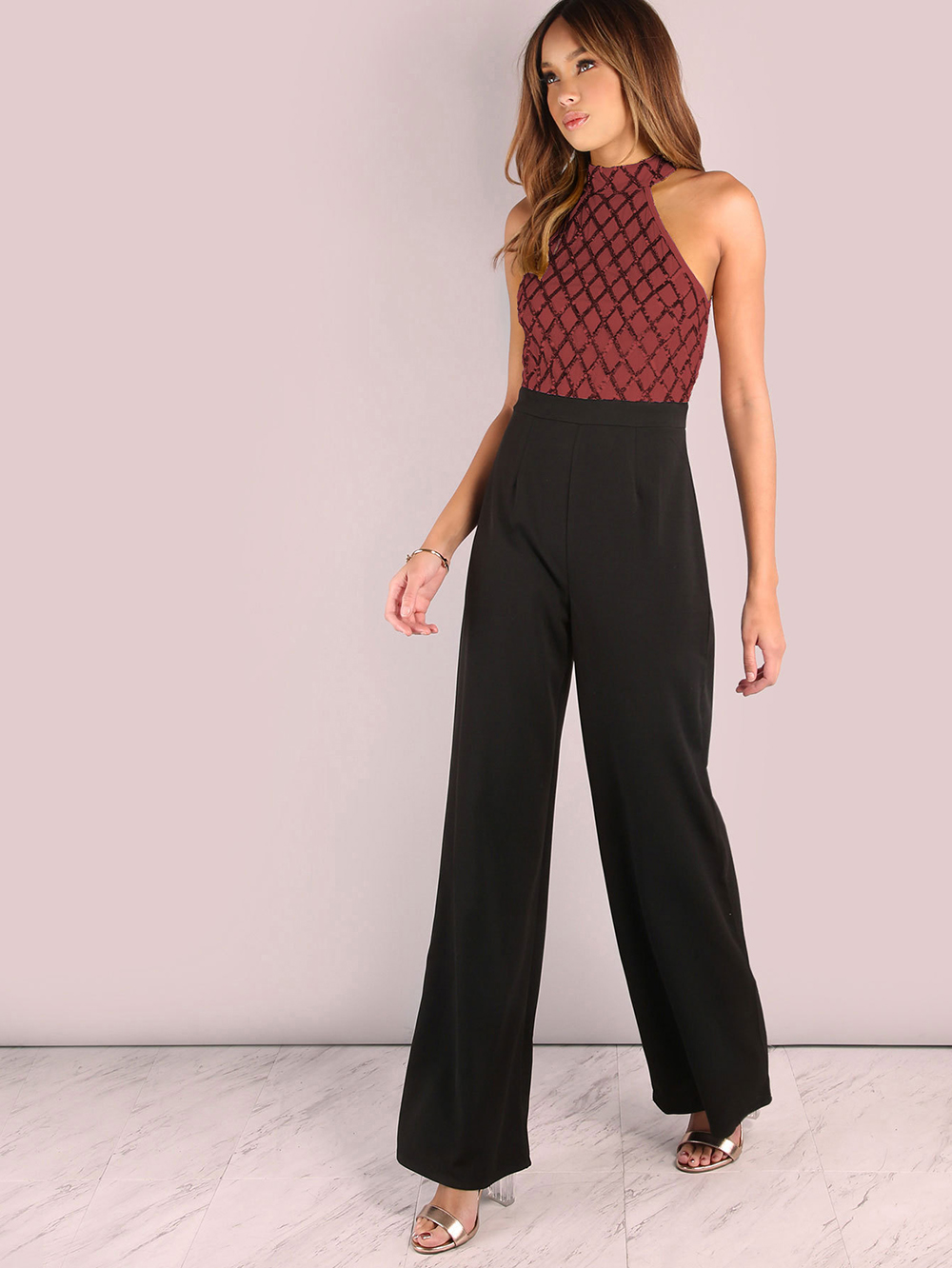 Sexy Sequined Stitching Sleeveless Slim Jumpsuit Long Flared Pants