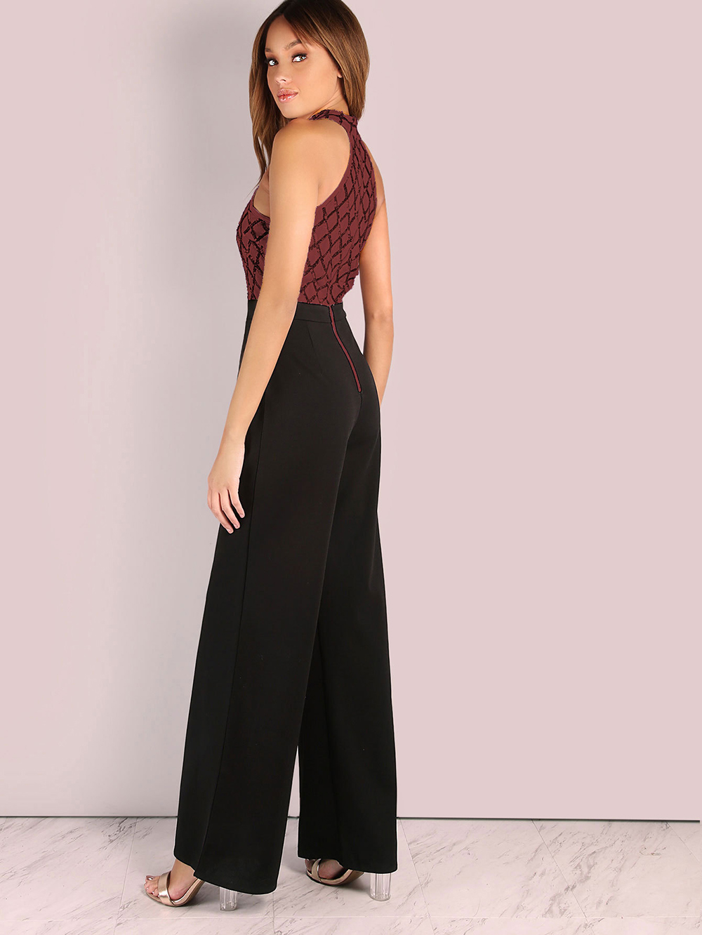Sexy Sequined Stitching Sleeveless Slim Jumpsuit Long Flared Pants