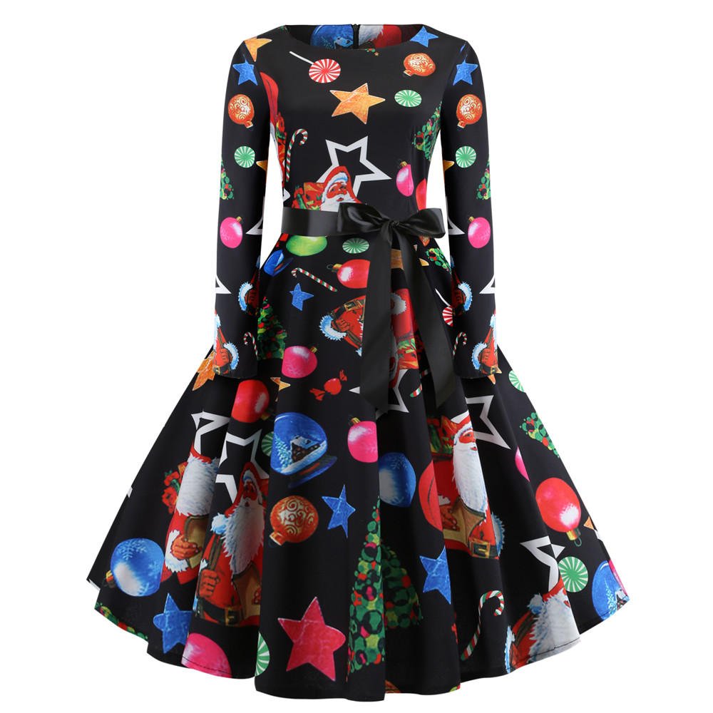 Fashion Womens Christmas Print Criss Cross Gown Evening Party Dress