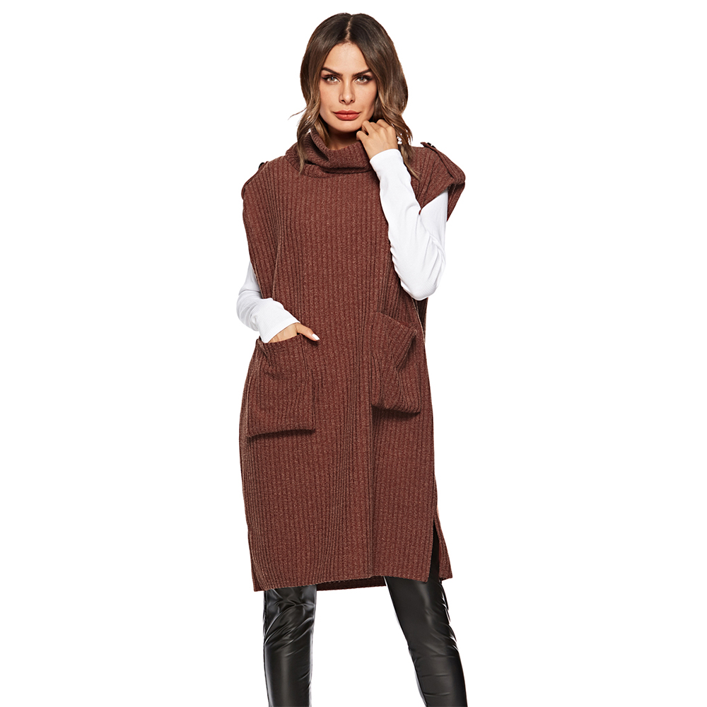 Casual Loose Pocket Medium Long Sweater Pinafore Dress