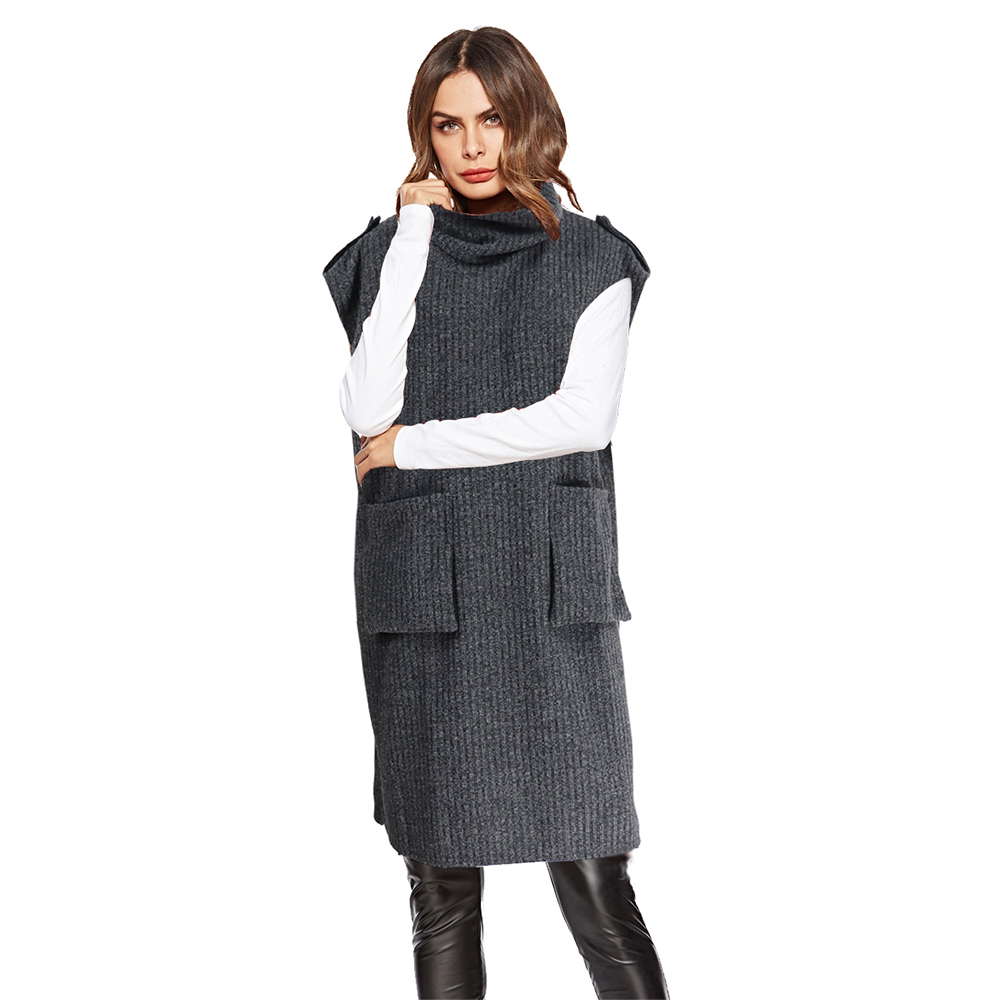 Casual Loose Pocket Medium Long Sweater Pinafore Dress