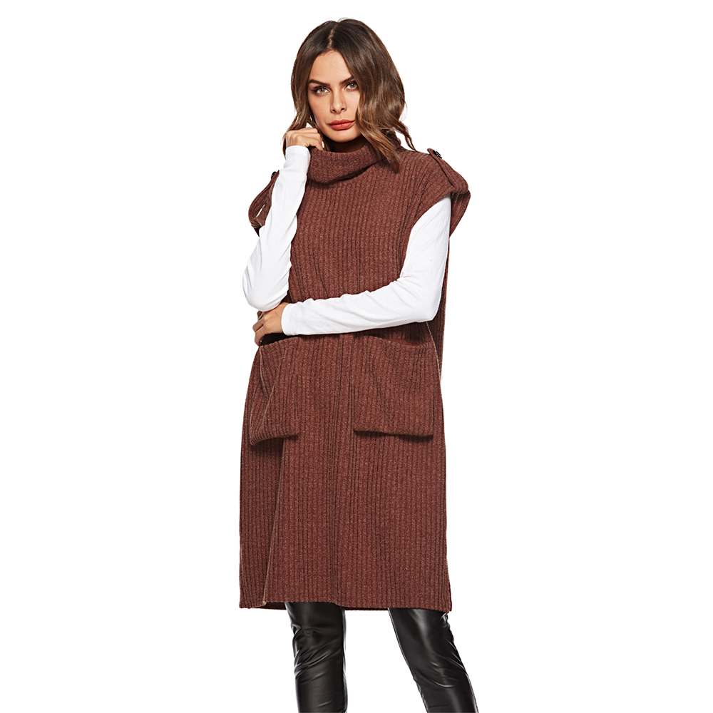 Casual Loose Pocket Medium Long Sweater Pinafore Dress