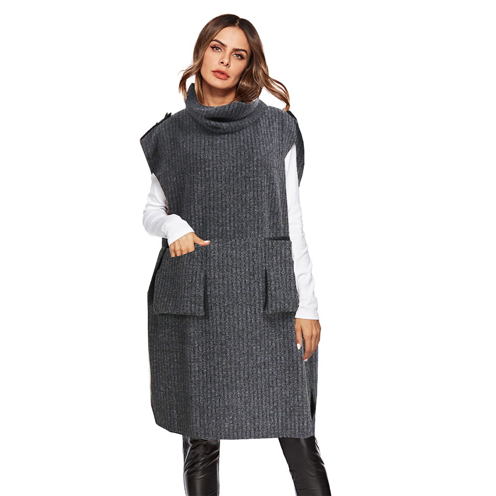 Casual Loose Pocket Medium Long Sweater Pinafore Dress