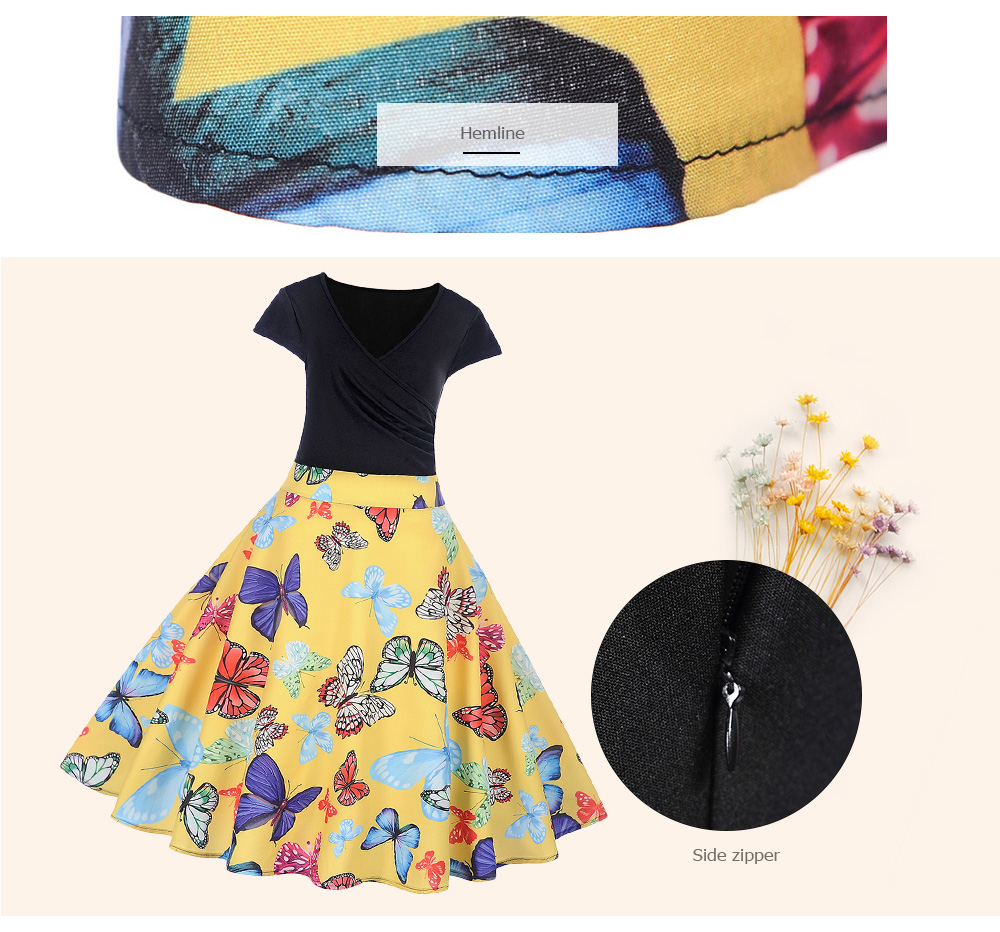 V Neck Cap Sleeve Colorful Print A-line Women Vintage Dress