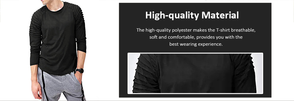 Solid Color Sleeve Pleated Patch Detail Long Sleeve T-shirt