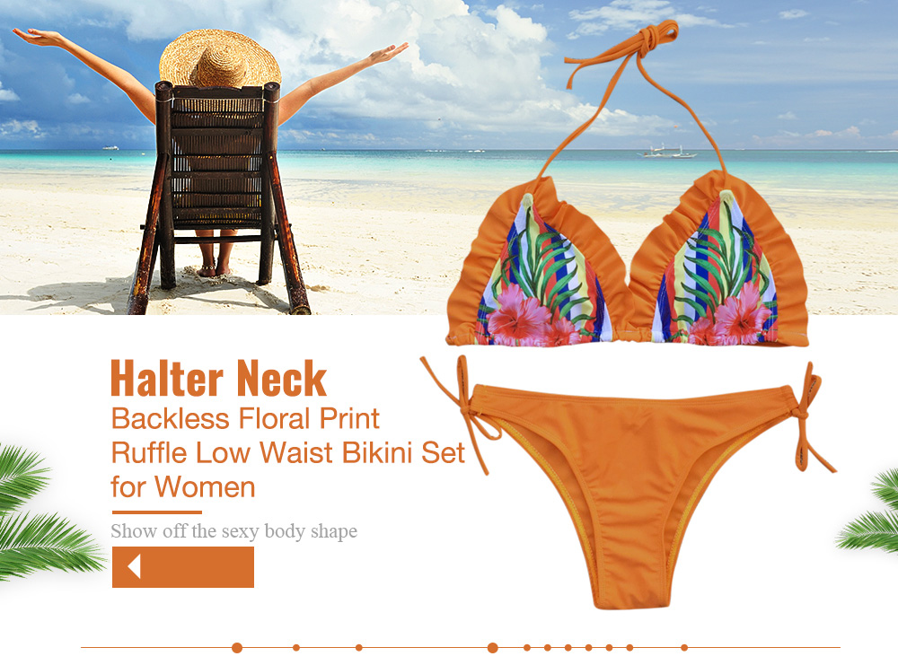 Halter Neck Backless Padded Floral Print Ruffle Low Waist Women Bikini Set