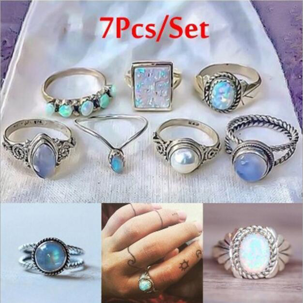 Set of 7 Pieces Women'S Fashion Colored Gem Pearl Ring Suit