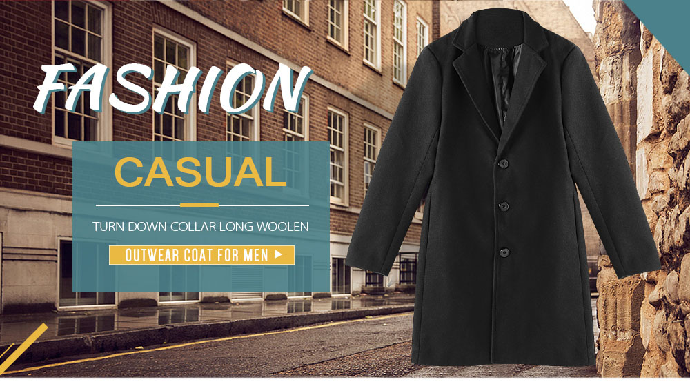Casual Turn Down Collar Solid Long Woolen Outwear Coat for Men