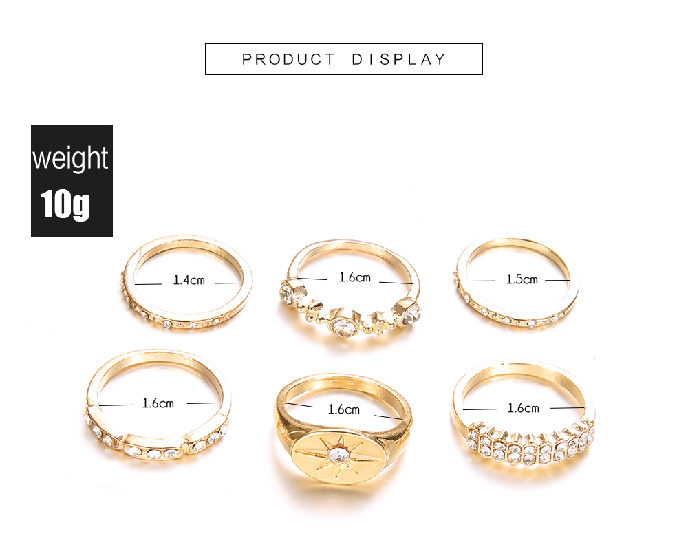 6 Pcs/Set Bohemian Crystal Stone Star Cross Style Rings Set Vintage Gold