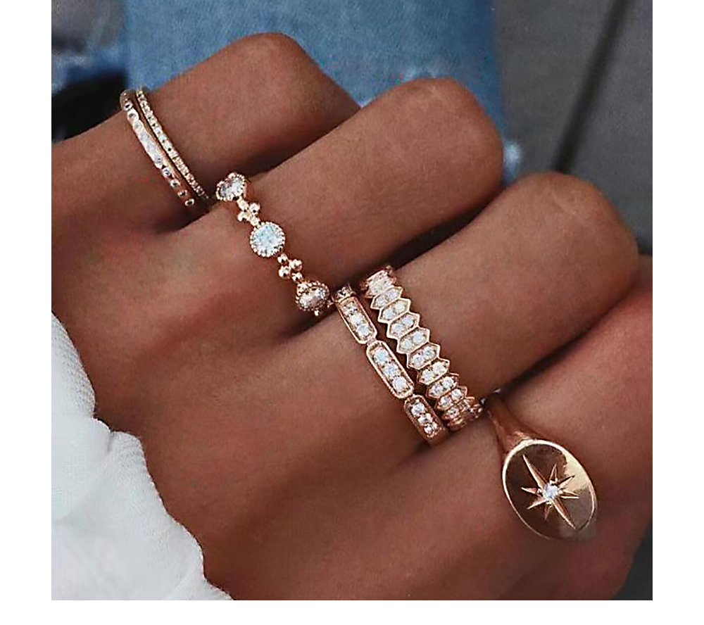 6 Pcs/Set Bohemian Crystal Stone Star Cross Style Rings Set Vintage Gold