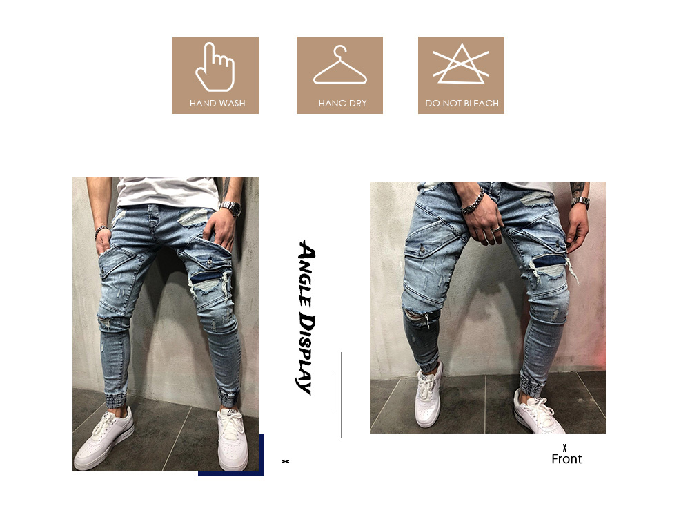 Men Jeans Mid Waist Stitching Worn-out Hole Slim Leg Zipper Pants