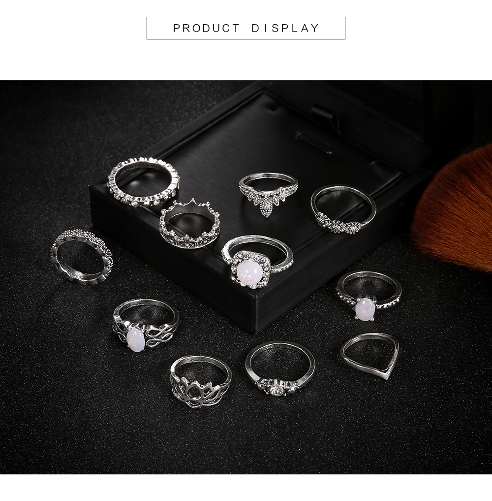 11 PCS/Set Vintage Knuckle Opal Rings for Women Boho Geometric Flower Ring