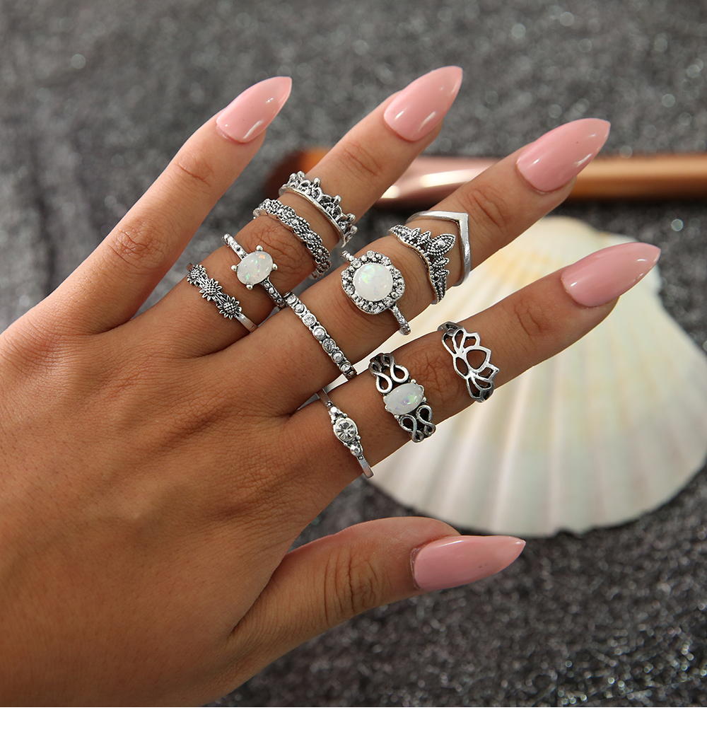 11 PCS/Set Vintage Knuckle Opal Rings for Women Boho Geometric Flower Ring