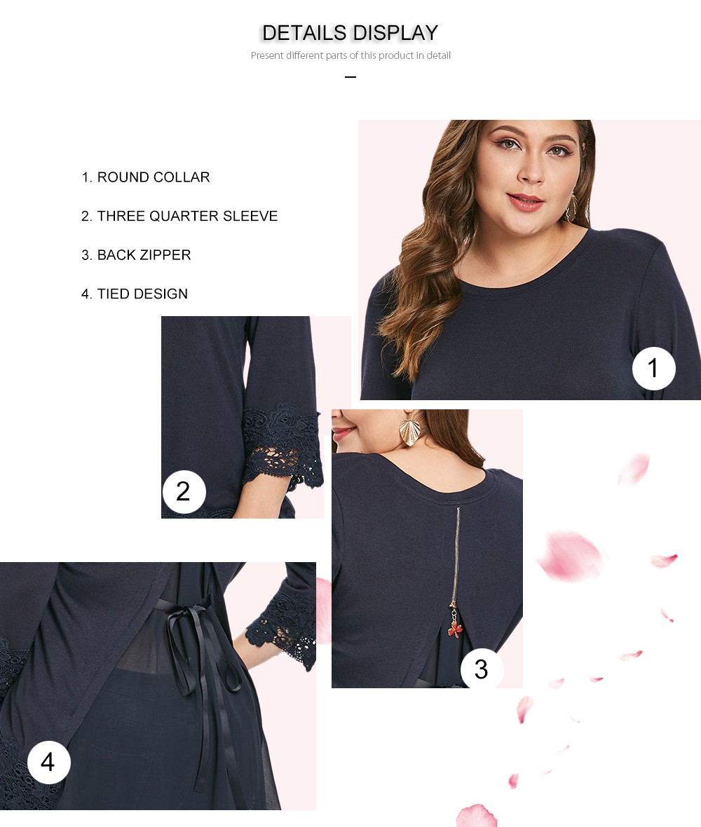 Plus Size Asymmetric Lace Panel Tee with Zipper - Dark Slate Blue ...