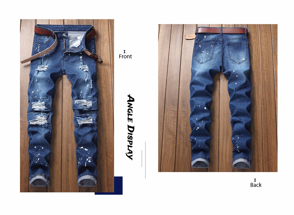 Men Jeans Mid Waist Worn-out Hole Slim Leg Zipper Fashion Pants