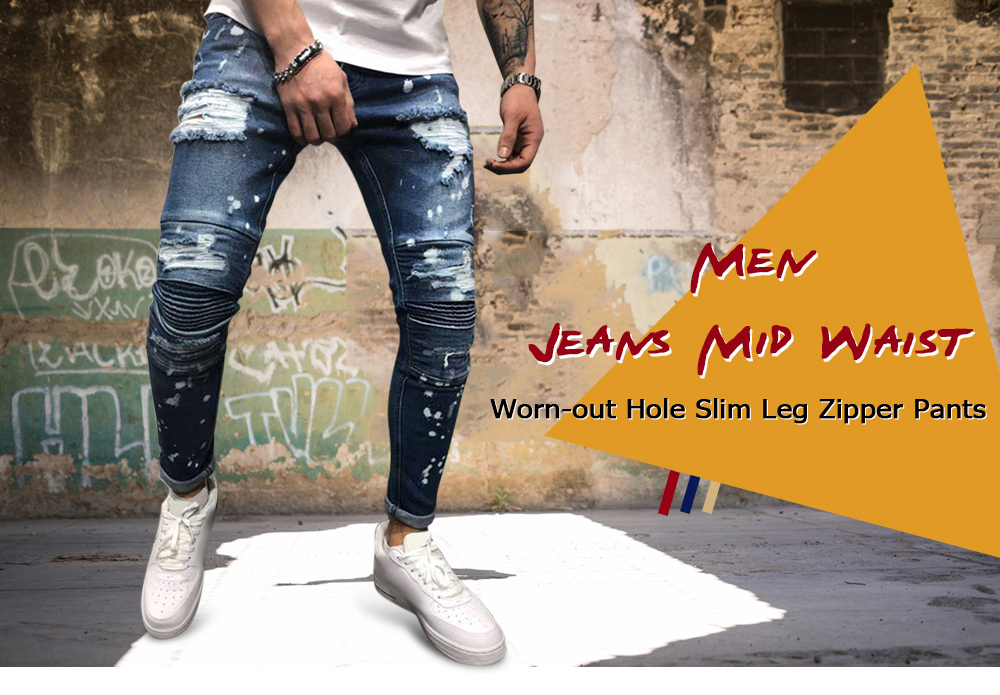 Men Jeans Mid Waist Worn-out Hole Slim Leg Zipper Fashion Pants