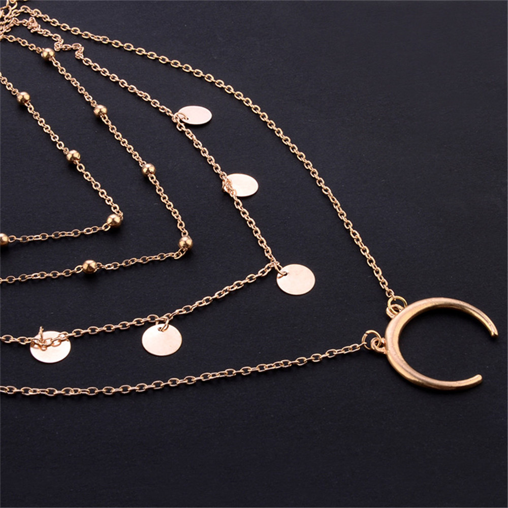 Sweet Temperament Women's Wafer Moon Multi-Layer Necklace