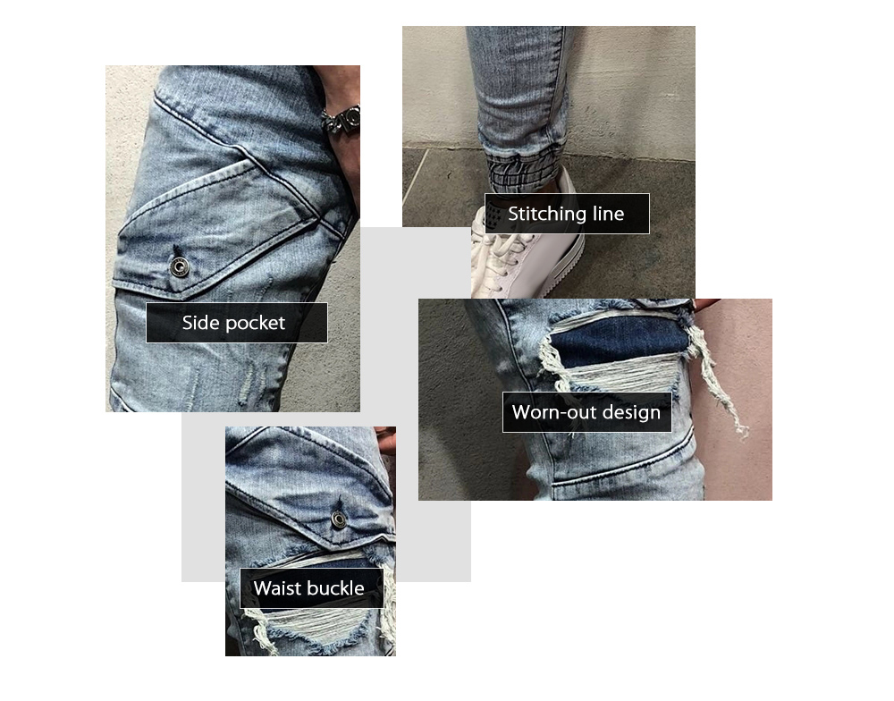 Men Jeans Mid Waist Stitching Worn-out Hole Slim Leg Zipper Pants