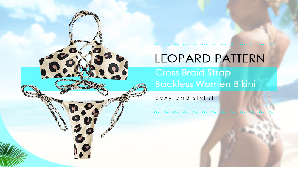 Leopard Pattern Cross Braid Strap Backless Women Bikini 2 Pieces Swimwear