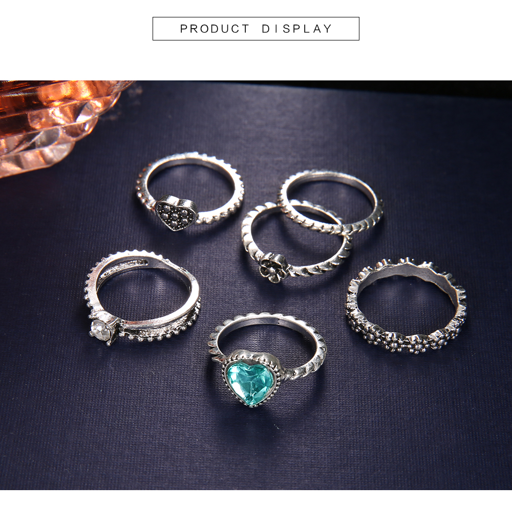 6 PCS/SET Vintage Heart Knuckle Crystal Finger Ring Set For Leaf Flower Crown