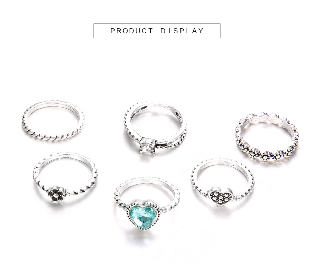 6 PCS/SET Vintage Heart Knuckle Crystal Finger Ring Set For Leaf Flower Crown