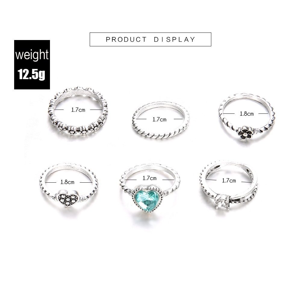 6 PCS/SET Vintage Heart Knuckle Crystal Finger Ring Set For Leaf Flower Crown