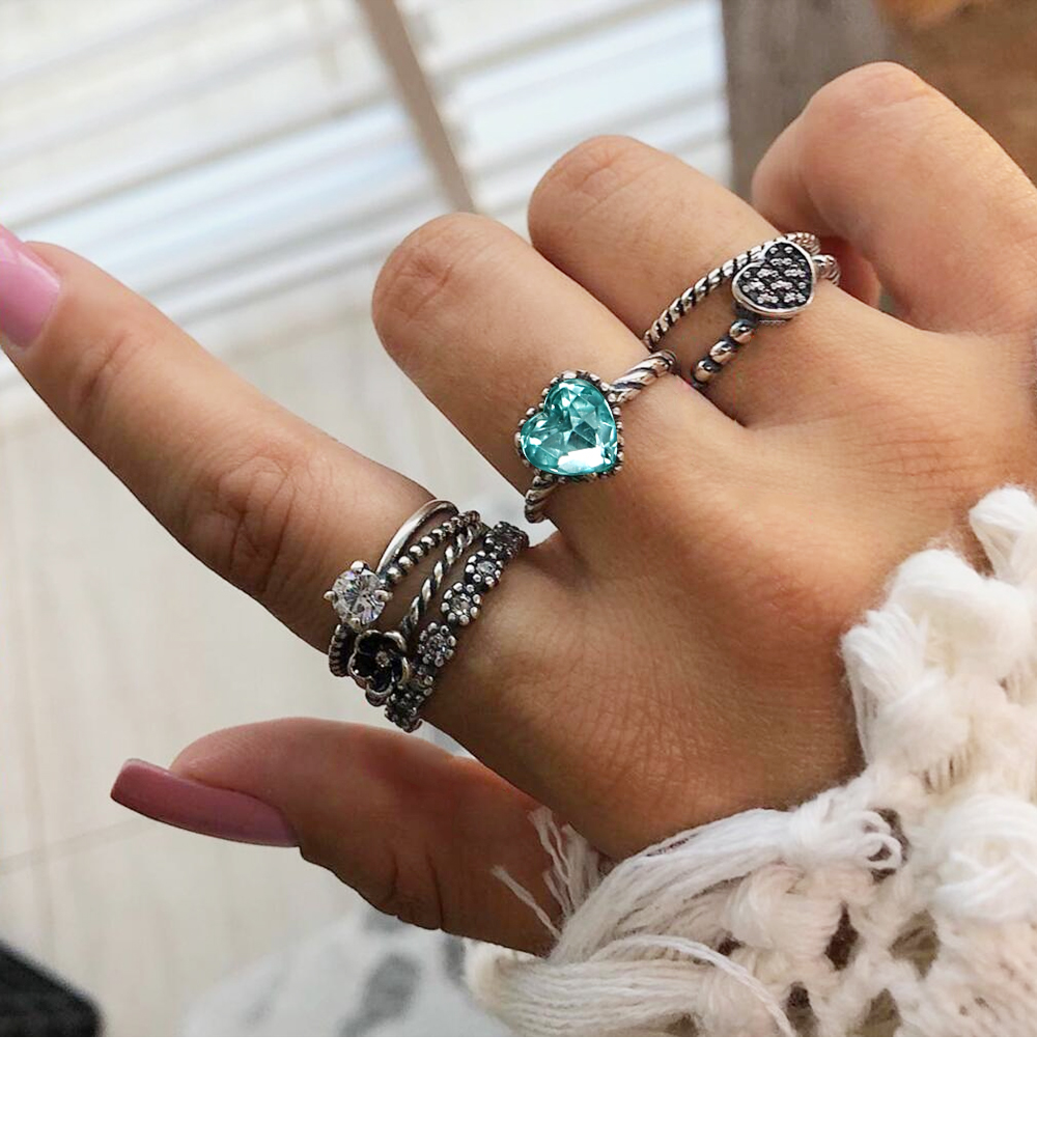 6 PCS/SET Vintage Heart Knuckle Crystal Finger Ring Set For Leaf Flower Crown