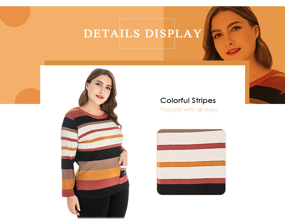 Large Size Colorful Stripes Jewel Neck Shoulder Pad Long Sleeves Women T-shirt