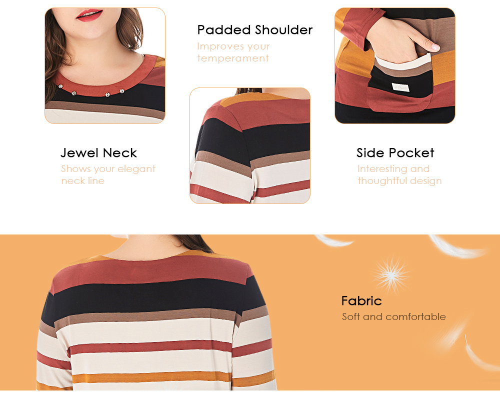 Large Size Colorful Stripes Jewel Neck Shoulder Pad Long Sleeves Women T-shirt