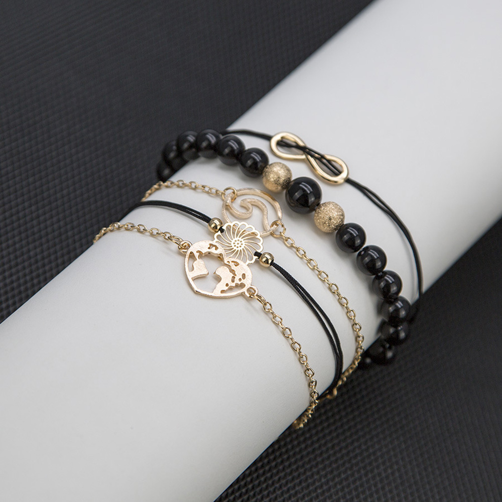 Set of 5-PIECE Waves Hollowed-Out Map Black Beaded Women'S Fashion Bracelet