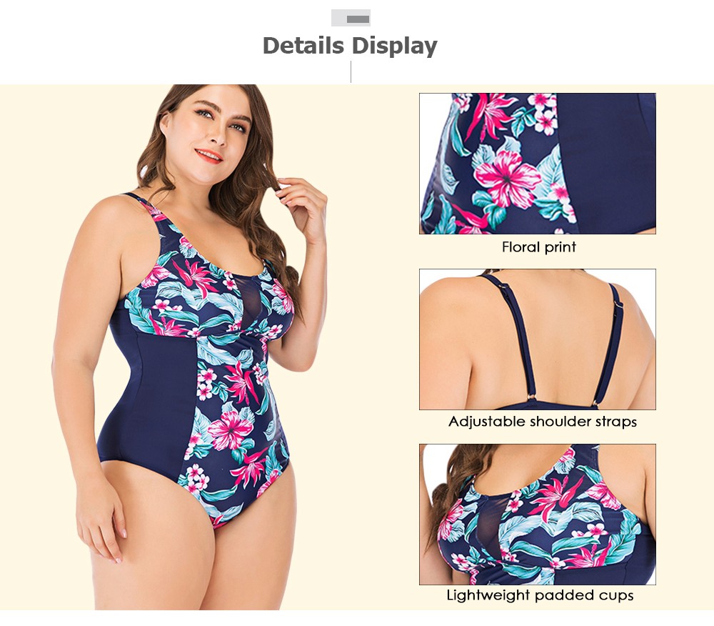 Sexy Floral Print Spliced Mesh Sleeveless Padded Wire Free Plus Size Women Swimsuit