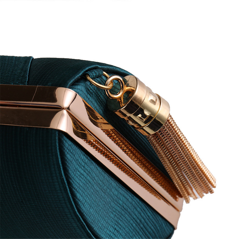 New Pleated Satin Woven Metal Tassel Cylinder Dinner Will Dress Hand Bag