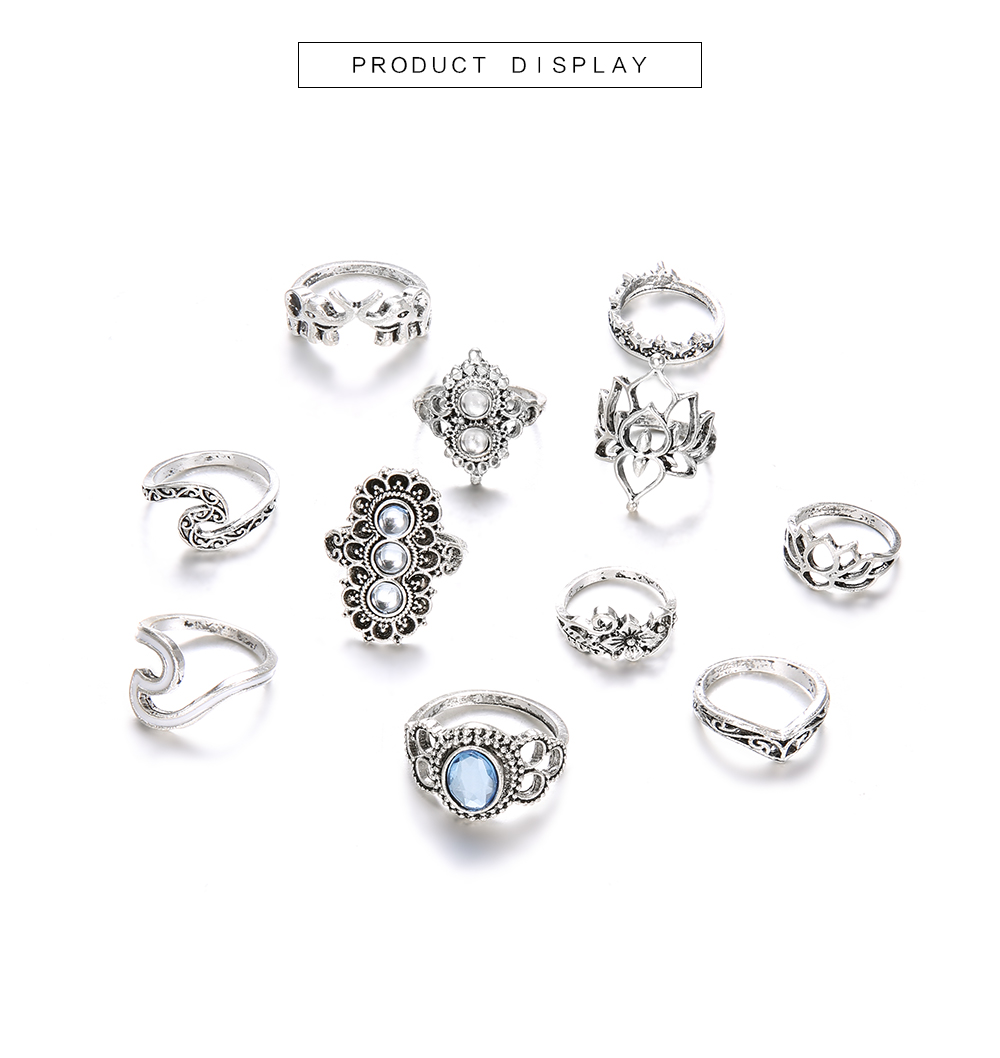 11 PCS/Set Opal Midi Rings For Women Antique Crown Lotus Wave Boho Ring