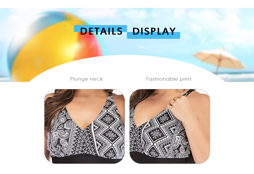 Plunge Neck Sleeveless Print Criss Cross Tied Backless Padded Plus Size Women Swimsuit