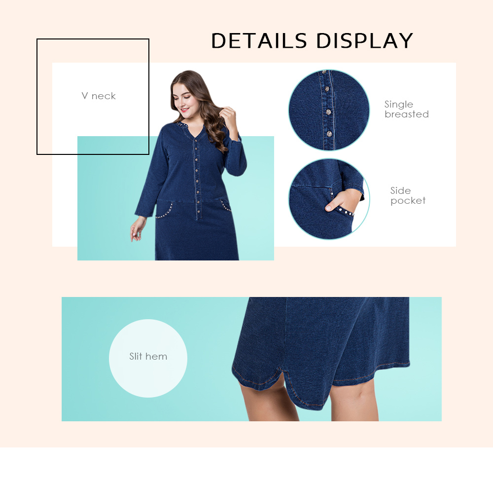 Plus Size Denim Women Long Sleeve Buttons Casual Female Dress with Pockets