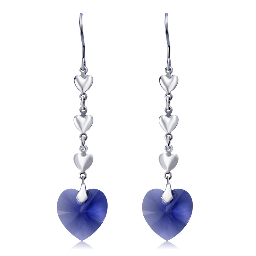 Silver Plated Heart-Shaped Blue Crystal Earrings