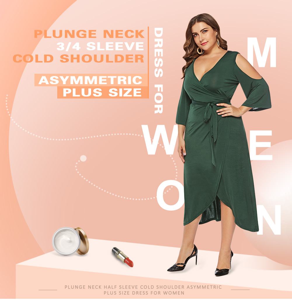 Plunge Neck 3/4 Bell Sleeve Cold Shoulder Belted Asymmetric Solid Color Plus Size Women Dress