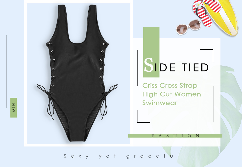Side Tied Criss Cross Strap High Cut Solid Color Women Swimwear Swimsuit