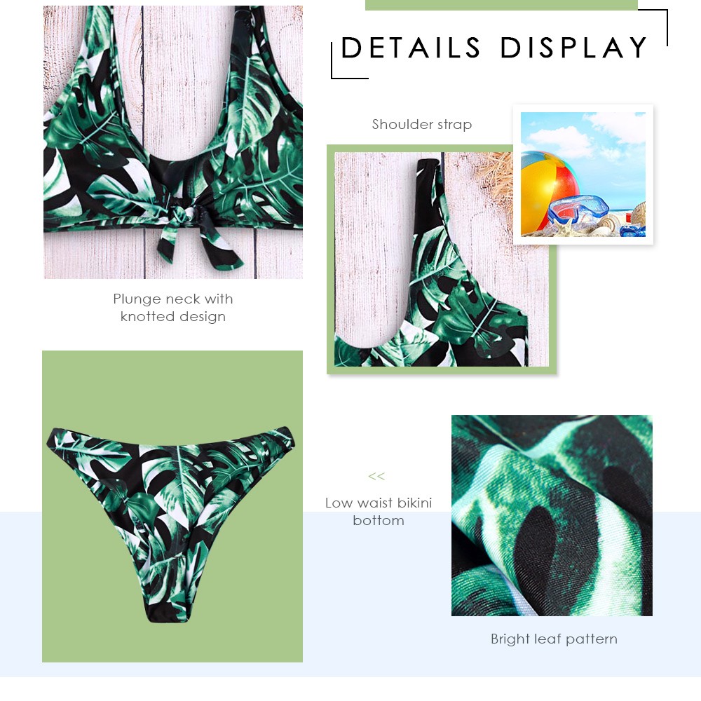 Sexy Plunge Neck Padded Leaf Print Knotted Beachwear Low Waist Women Bikini Set