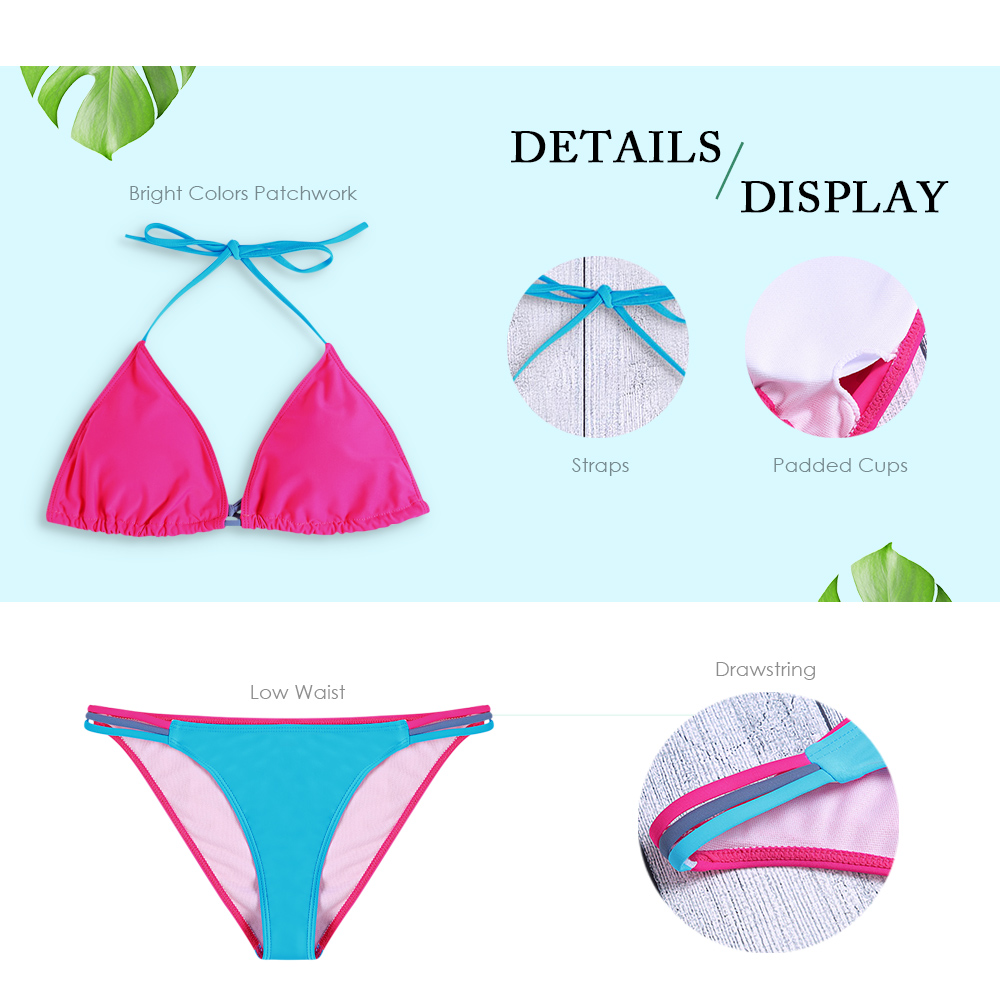 Colors Patchwork Drawstring Spaghetti Straps Low Waist Bikini Set for Women