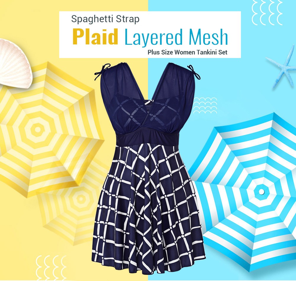 Adjustable Spaghetti Strap Layered Mesh Plaid Print Padded Plus Size Women Tankini Set