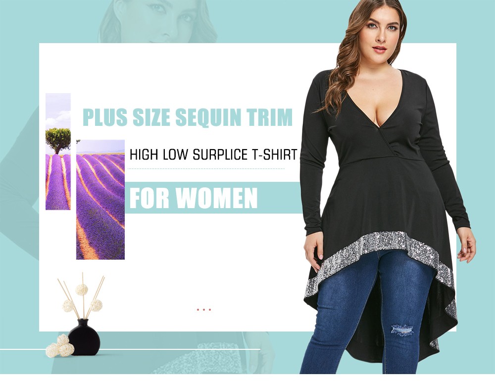 Plus Size Sequin Trim High Low Surplice T-shirt