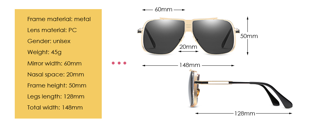 UV400 Protection Oversize Colored Lens Metal Frame Unisex Sunglasses