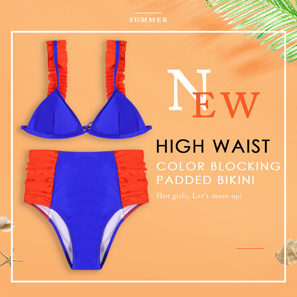 High Waist Color Blocking Bikini Padded Women Swimsuit