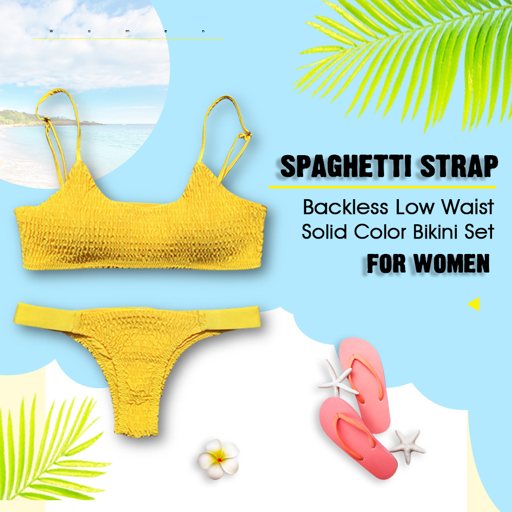 Spaghetti Strap Backless Padded Shirring Low Waist Solid Color Women Bikini Set