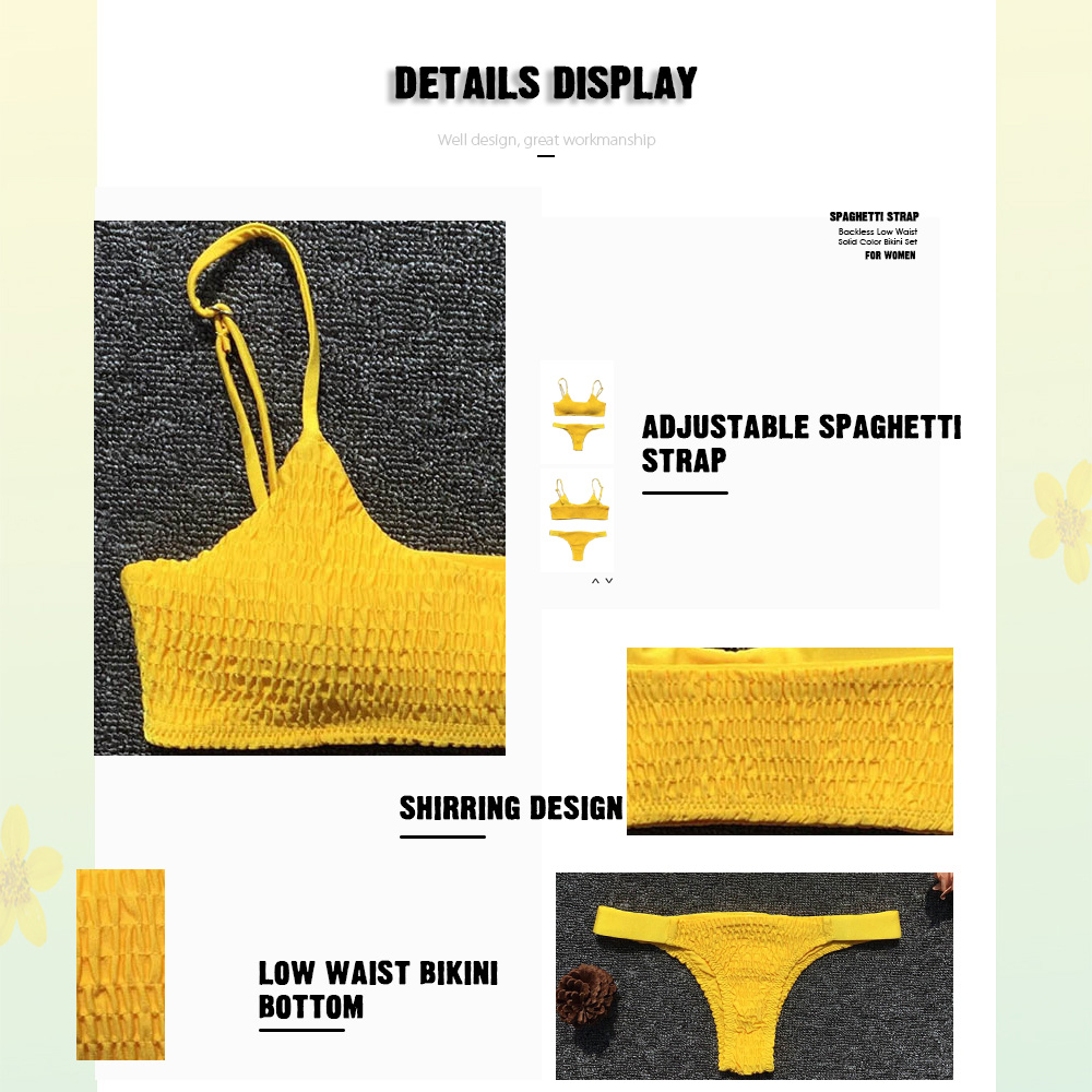 Spaghetti Strap Backless Padded Shirring Low Waist Solid Color Women Bikini Set